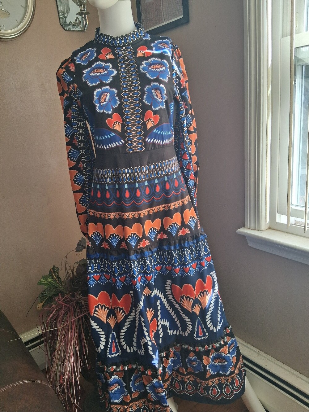 Women's Long Printed Maxi Dress - Navy & Orange